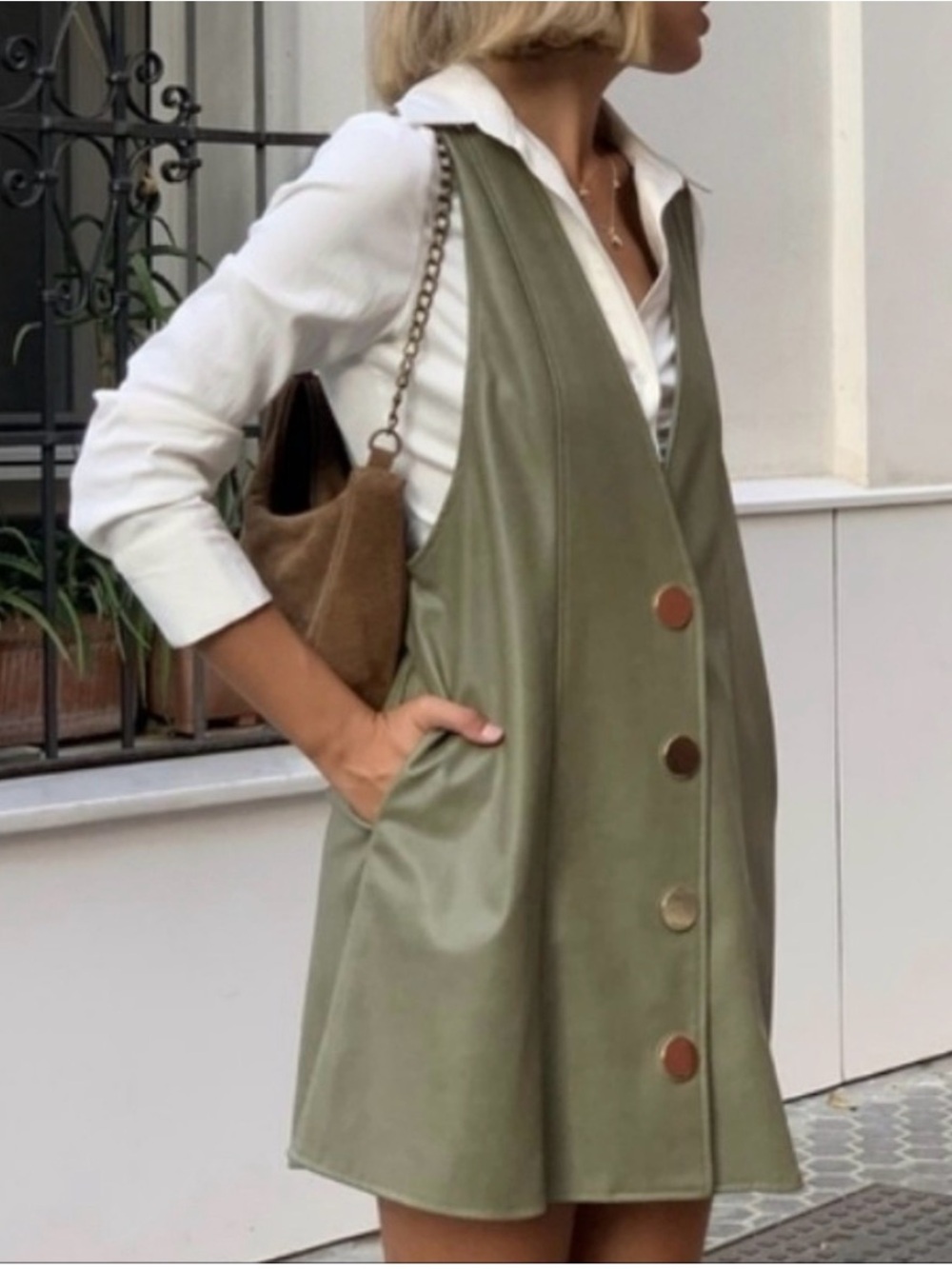 Zara Olive Green Button-Front Mini Dress